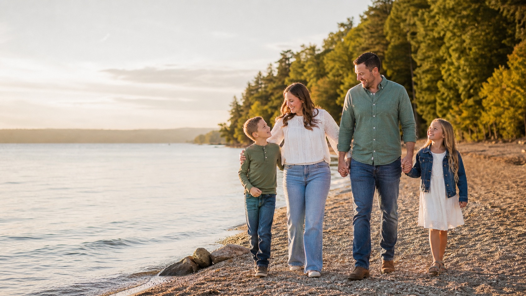 A family walking together beside a Wisconsin lake